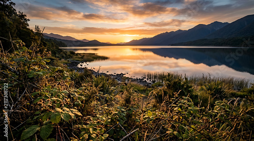 Golden sunrise light over the calm waters of a mountain lake surrounded by native vegetation and forest trees during an early morning tranquil time in the wilderness of a scenic natural landscape