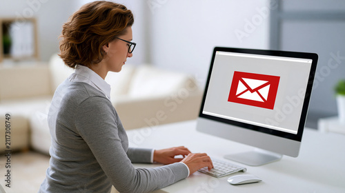 Organizing a busy email inbox with calm posture during a demanding but manageable office workflow is documented in a clean professional setting with a faceless European businesswoman in a