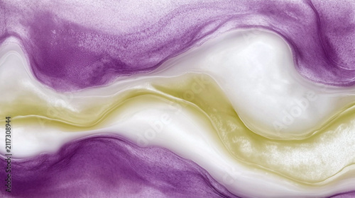 Elegant liquid marble background with flowing waves of purple, gold, and white colors