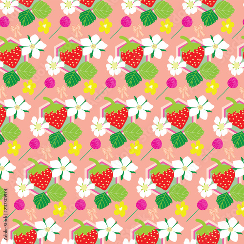 Strawberry seamless pattern with berries, flowers, leaves, ribbon, and a hexagonal shape on a pink background. Cute botanical flat vector for textile, packaging, wallpaper, and stationery.