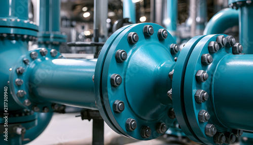 Close-up view of industrial piping system with large teal colored flanges and bolts. Heavy machinery section in power plant. Network of pipes connect to large vessel or tank