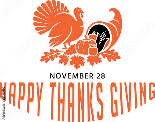 Happy Thanksgiving turkey and cornucopia vector logo. Orange line art illustration featuring sitting turkey silhouette, horn of plenty with pumpkin, corn, and apple on fallen autumn leaves.