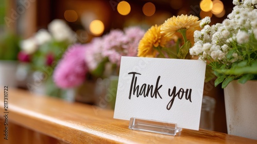 Minimal thank you card on clear stand with blurred floral background for reception desk messages, guest greetings, event table signage and small business customer notes