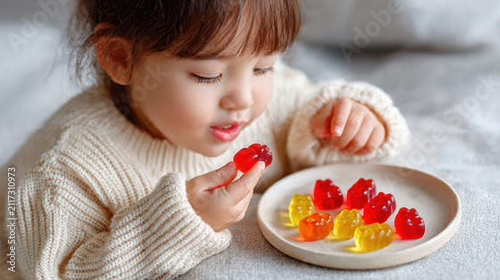 Close-up of toddler holding red gummy vitamin bears on a ceramic plate for child health and family nutrition articles about safe chewable supplements and snack supervision