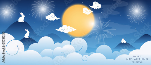 Mid Autumn Festival vector background wallpaper with three jade rabbit silhouettes, glowing full moon, fireworks, swirling clouds and blue mountain landscape