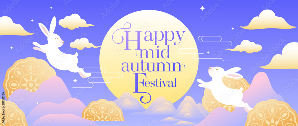 Obraz premium Mid Autumn Festival vector background wallpaper with two jade rabbits on mooncakes, glowing full moon, hanging lanterns, osmanthus blossoms and purple sky
