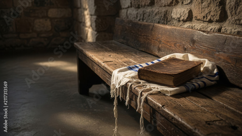 Wooden synagogue bench with holy book and tallit shawl, Jewish prayer and religious observance in house of worship