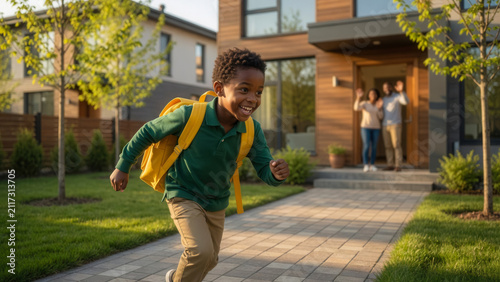 Kids school at home student running with backpack as parents waving from house, primary education and family lifestyle