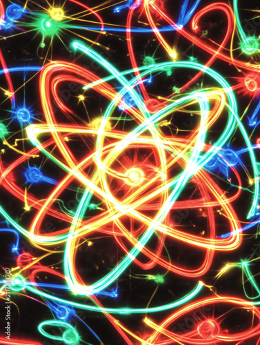 Abstract colorful neon light trails forming a glowing atomic structure and energy orbits on black background