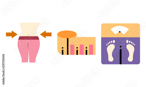 A simple flat vector icon set representing weight loss, body measurement, waist slimming, measuring tape.