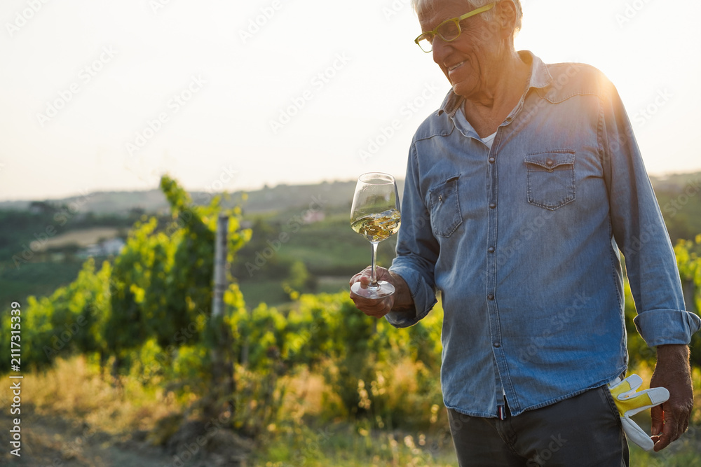 Fototapeta premium Wine producer mane tasting the product after harvest and grape fermentation process - Vinification, organic quality product and small business concept - Main focus on glass - UGC content