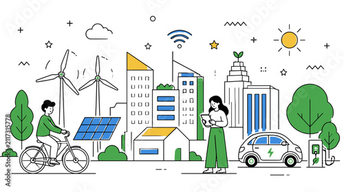 Hand drawn illustration of modern eco friendly city life with sustainable energy sources.