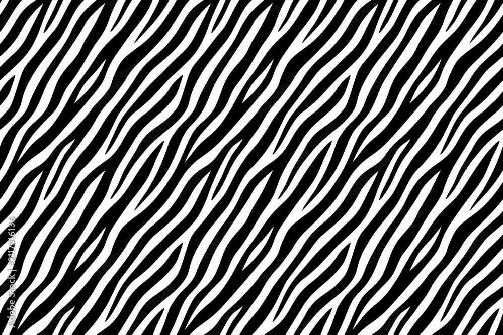 Obraz premium Seamless zebra skin pattern with black and white wavy animal stripes, bold monochrome safari print vector texture for fashion fabric, apparel, wallpaper, wrapping
