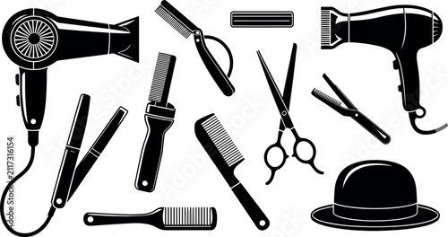 Fotografía Barbershop and hair salon tools vector silhouette set featuring hairdryer scisso