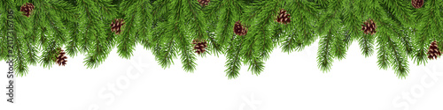 Bild auf Leinwand Christmas tree background, fir branch border with pine cone
