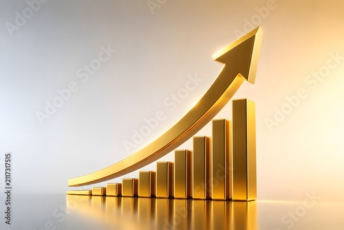 Golden Financial Growth Arrow with Rising Bar Chart on Gradient Background