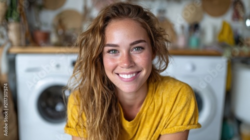 A cheerful young woman with curly hair smiles brightly in a home setting, surrounded by laundry machines, radiating warmth and comfort in her casual yellow shirt.