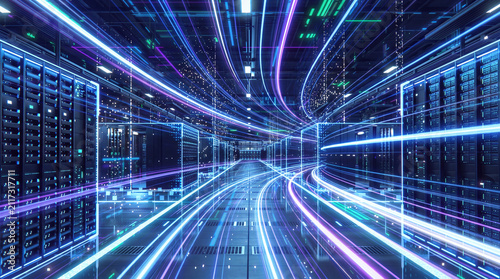 Digital Highway: A futuristic data center aisle glows with streaks of blue and purple light, representing the flow of information and high-speed connectivity.