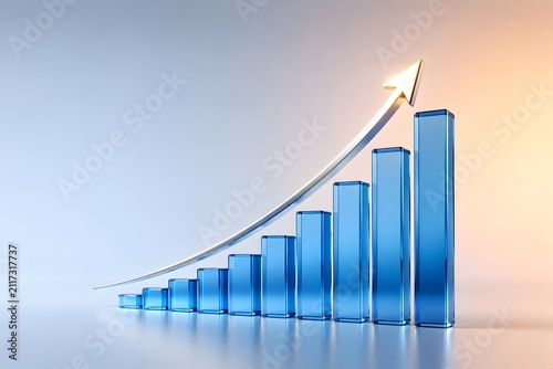 3D Bar Chart Increasing Upward with Glowing Growth Arrow on Gradient Background