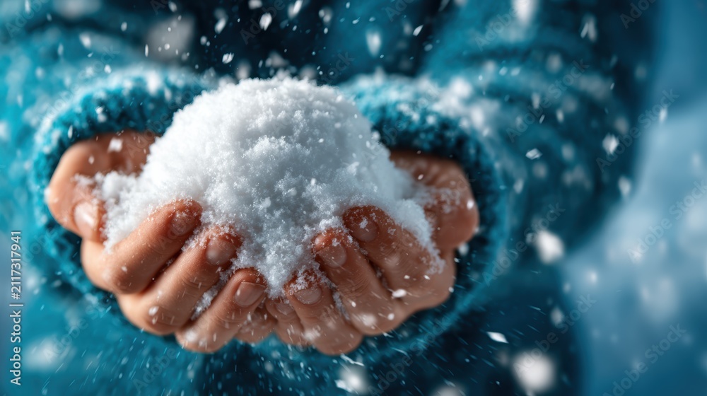 Fototapeta premium A child's hands clench a snowball, with snowflakes swirling around, capturing the joy and wonder of winter play, emphasizing both the beauty of nature and childhood innocence.