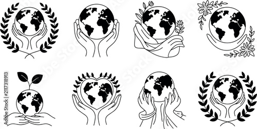 Hands holding Earth planet vector icon set with ecology globe laurel leaves line art isolated on white background for save nature poster