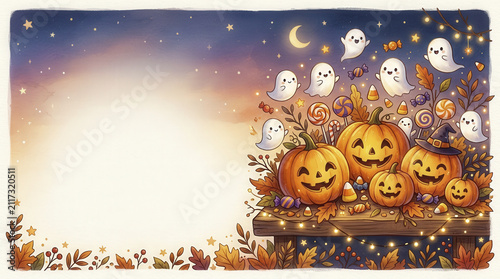Cute Watercolor Halloween Illustration with Pumpkins, Ghosts, Candy, and Copy Space