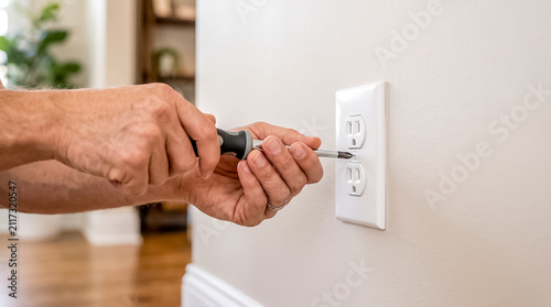 Hands using screwdriver to attach plastic faceplate cover onto duplex electrical power outlet socket on wall