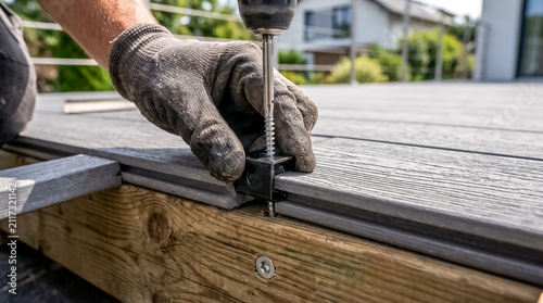 A worker uses a power cordless drill to secure a composite decking board using a hidden fastener on an outdoor deck.