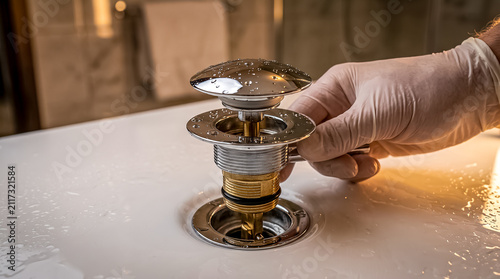 A close-up of hands installing and adjusting a chrome pop-up sink stopper assembly inside a white ceramic washbasin.