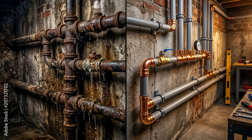 A side-by-side view showing old corroded cast-iron pipes contrasted with new copper and plastic water lines in a basement.