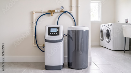 A modern white and gray automatic water softener and salt brine tank setup in a clean home utility room space.