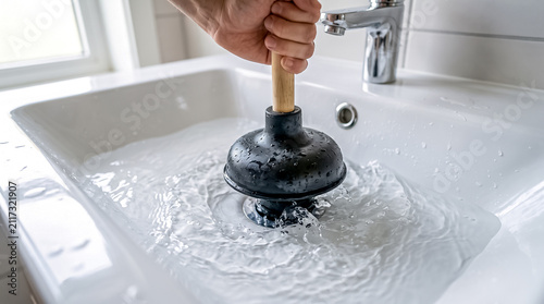 A hand forcefully uses a black rubber plunger to clear a heavy water obstruction in a white ceramic bathroom washbasin.