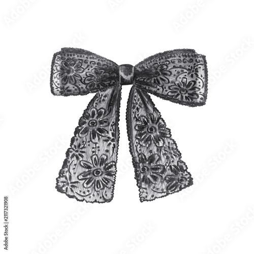 Black lace ribbon bow with ornate floral pattern details. Hand drawn charcoal fashion accessory illustration isolated on. Realistic detailed monochrome drawing for gift decor