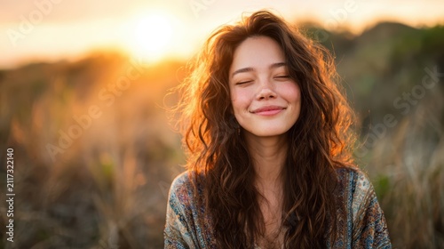 A young woman with curly hair smiles blissfully against a breathtaking sunset backdrop, embodying the joy and tranquility found in nature's beauty and the warmth of golden hour.