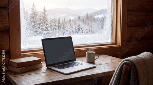 Cozy Cabin Workspace: A laptop and mug sit on a rustic wooden desk by a window overlooking a snow-covered forest, offering a serene and isolated work retreat.