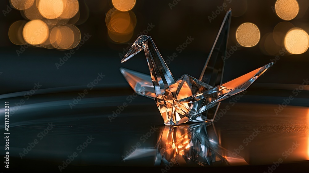 Obraz premium Crystalline origami crane with warm bokeh lights and reflection