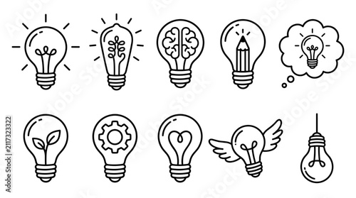 Light bulb idea icons, hand drawn creativity inspiration doodle symbols, black outline monoline vector