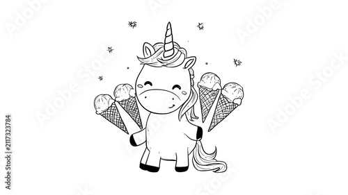 cuite kawaii unicorn character holding multiple ice cones with magical fantasy theme hand drawn cartoon illustration isolated on white background 