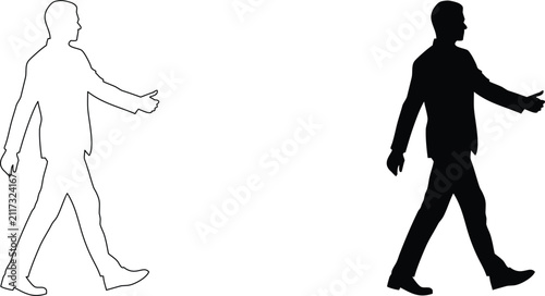 Canvastavla Silhouette man walking forward with hand extended for greeting business handshake isolated on transparent background outline illustration
