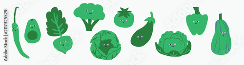 Cute vegetable clipart collection featuring smiling kawaii avocado, broccoli, cabbage, cauliflower, zucchini, tomatoes, bell pepper, pumpkin and root vegetables with adorable faces