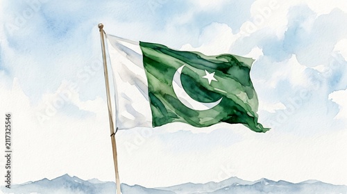 Pakistan National Flag Waving in the Wind