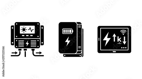 Set of black icons representing solar charge controllers battery storage units and smart energy monitoring systems for renewable power management