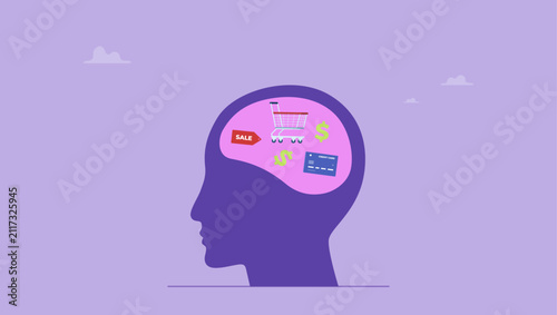 Bild auf Leinwand Human head with shopping cart with credit card and sale price tag in his brain
