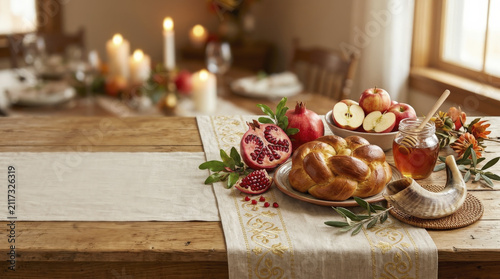 Elegant Rosh Hashanah Dinner Table Setting with Challah, Honey, Apples, Shofar, and Lit Candles