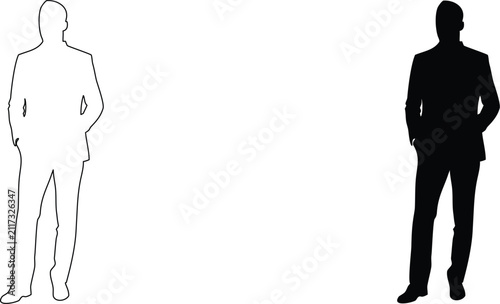 Silhouette and outline of man with hands in pockets on transparent background vector illustration isolated on grey checkered background.
