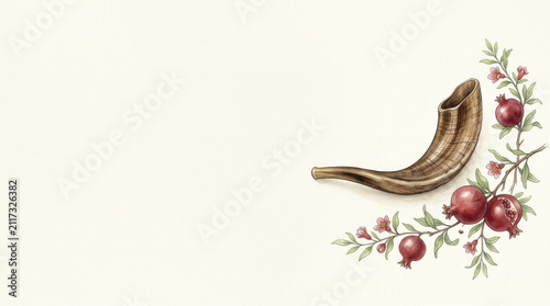 Watercolor Shofar Illustration with Pomegranates and Floral Accents for Jewish New Year Celebrations