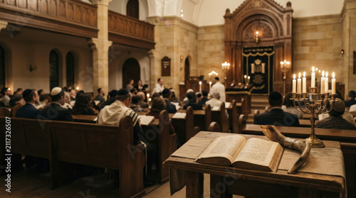 Reverent Rosh Hashanah Synagogue Service with Shofar and Holy Book on Wooden Table.