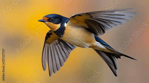 Beautiful barn swallow bird flying mid air against bright soft background