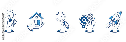 Business startup process line art icon set hands holding idea real estate and rocket vector illustration