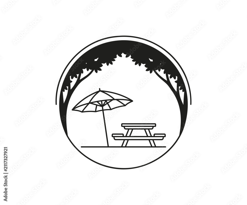 Fototapeta premium Table and Umbrella Under Trees in Round Badge Vector Icon